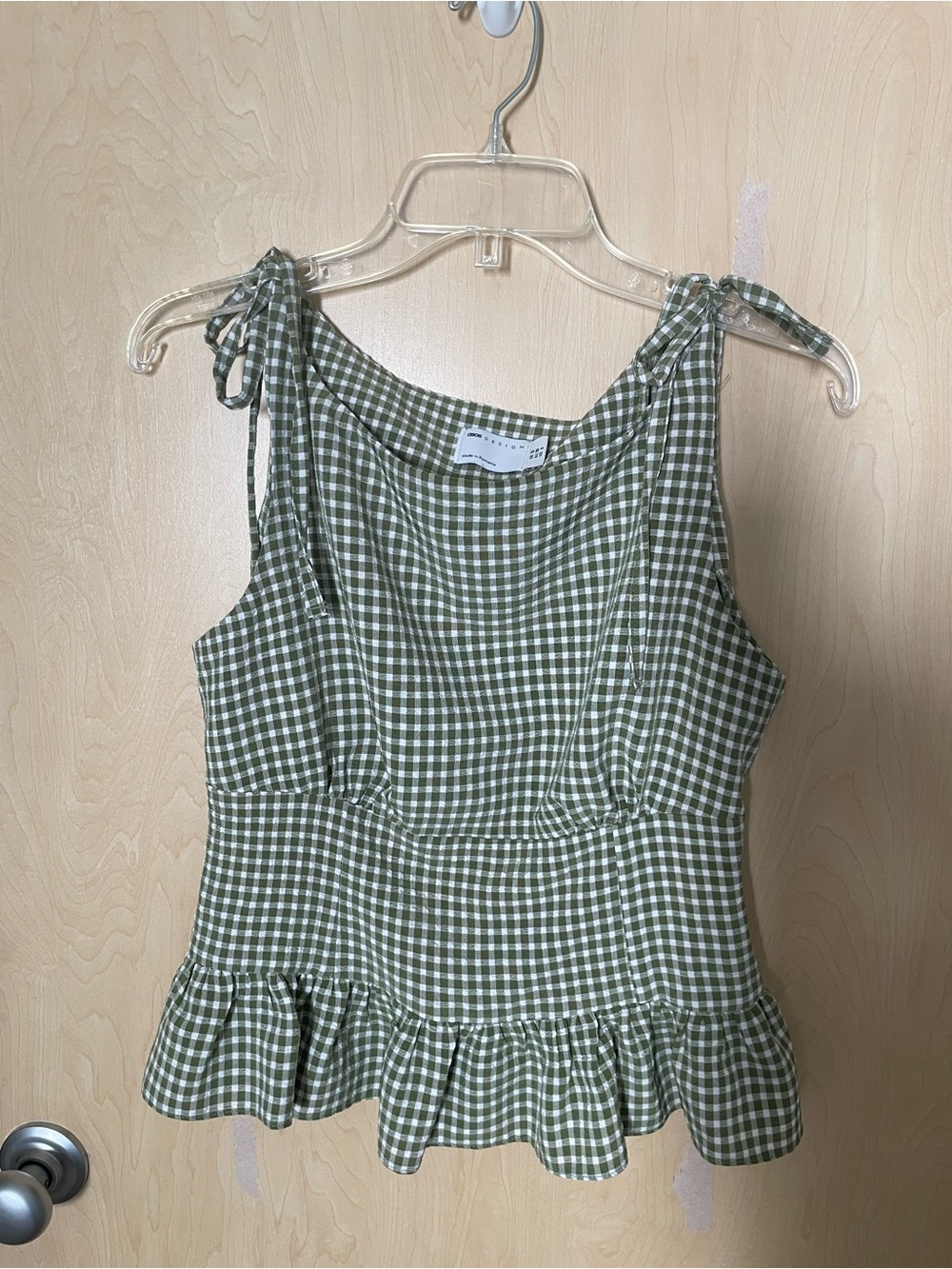 ASOS Green Gingham Tie-Shoulder Peplum Top